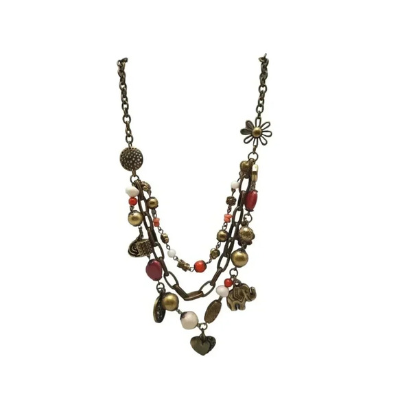 Vintage Bohemian Charm Necklace With Beads & Elephant Pendant 21" Adjustable Len - Picture 1 of 5